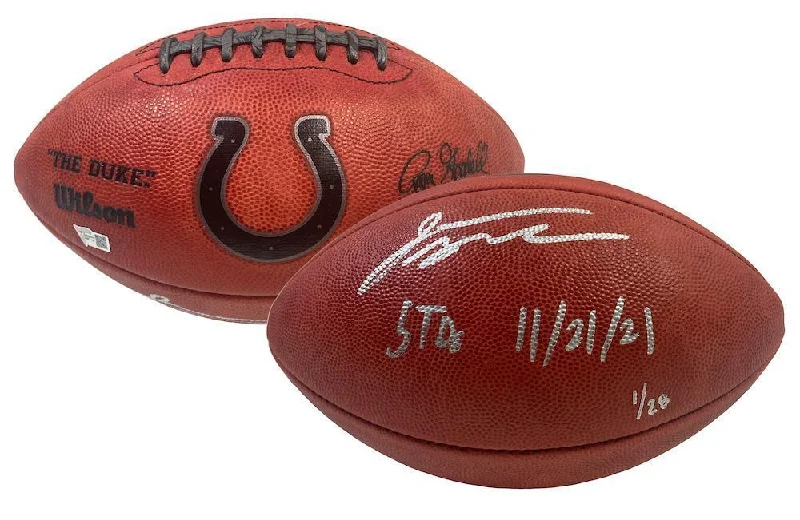 JONATHAN TAYLOR Autographed/Inscribed "5 TDs 11/21/21" Indianapolis Colts Metallic Logo Official NFL Wilson Duke Football FANATICS LE 1/28