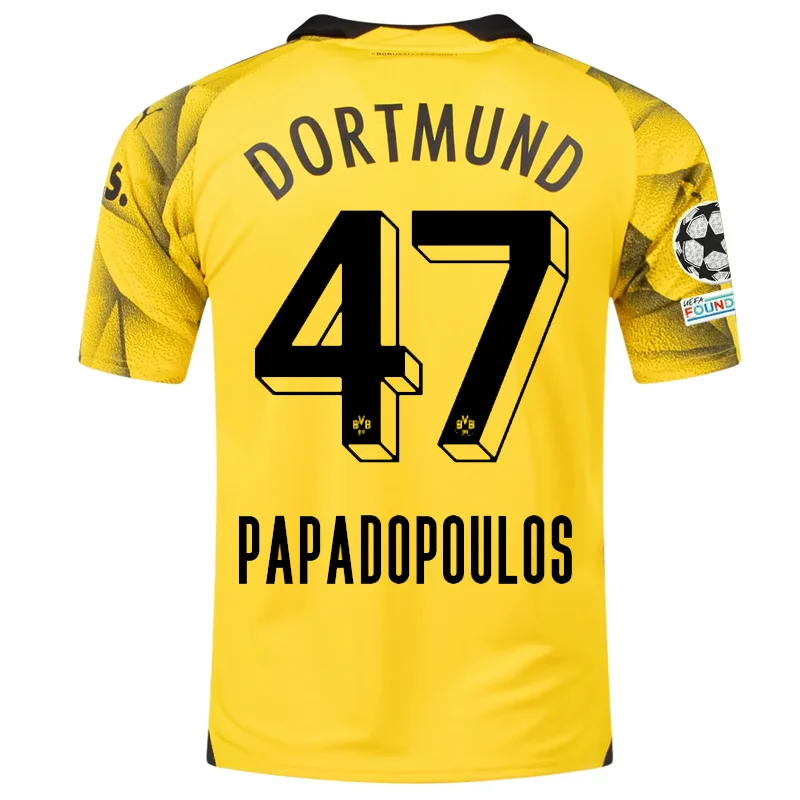 Puma Mens Borussia Dortmund Antonios Papadopoulos Third Jersey w/ Champions League Patches 23/24 (Cyber Yellow/Puma Black)