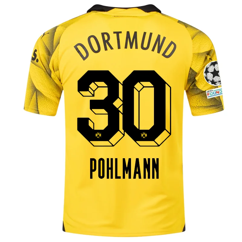 Puma Mens Borussia Dortmund Ole Pohlmann Third Jersey w/ Champions League Patches 23/24 (Cyber Yellow/Puma Black)