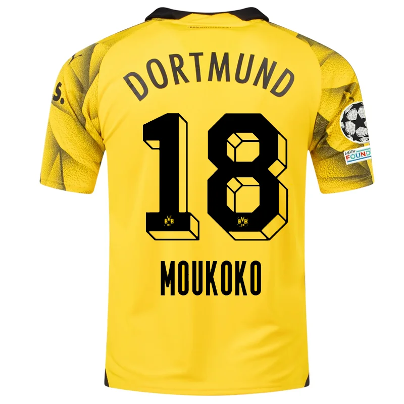 Puma Mens Borussia Dortmund Youssoufa Moukoko Third Jersey w/ Champions League Patches 23/24 (Cyber Yellow/Puma Black)